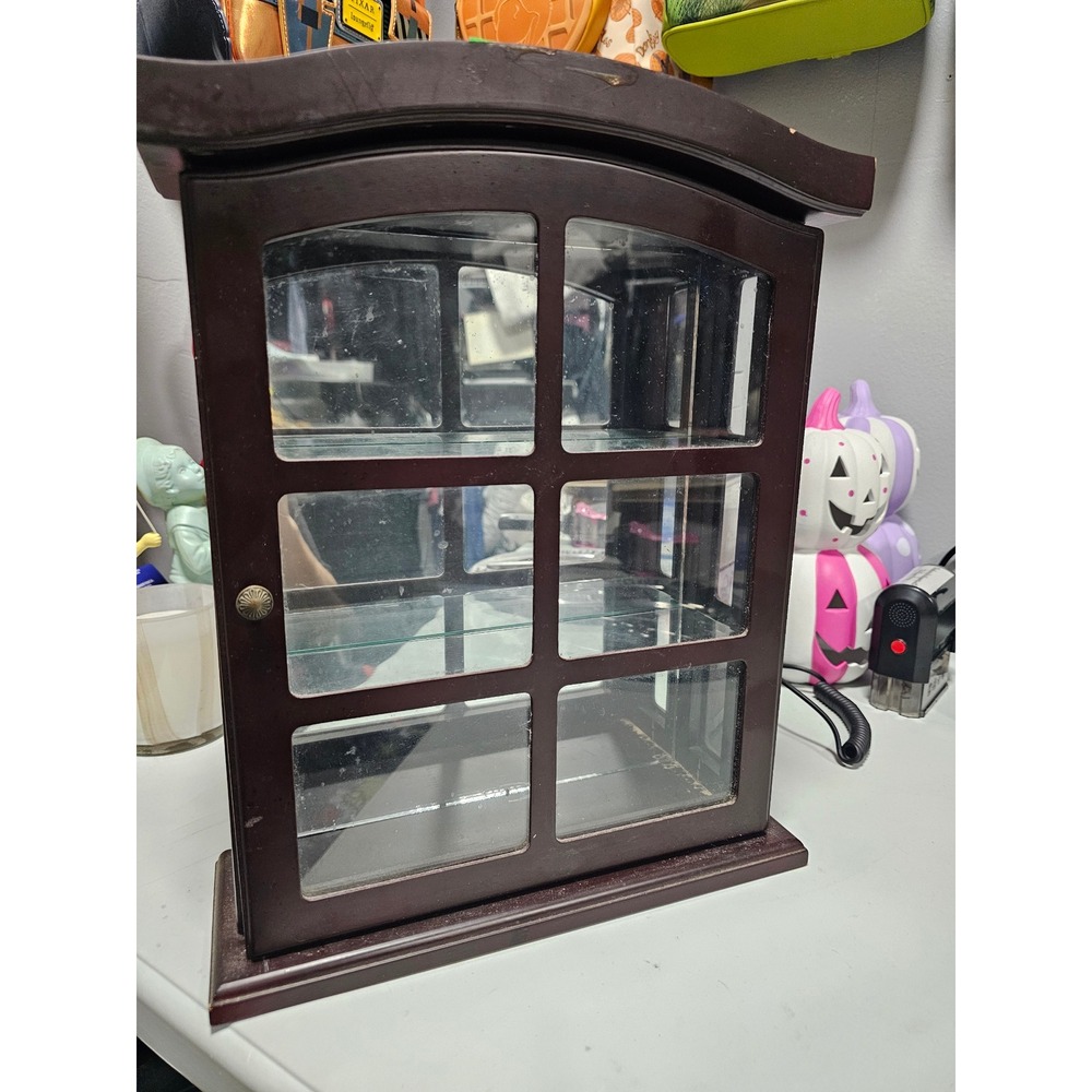 Vintage Wood Glass Curio Cabinet Wall Hanging Display Case Espresso Brown